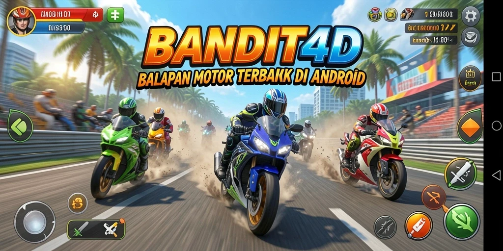 Screenshot gameplay BANDIT4D menunjukkan balapan motor yang intens dan seru.