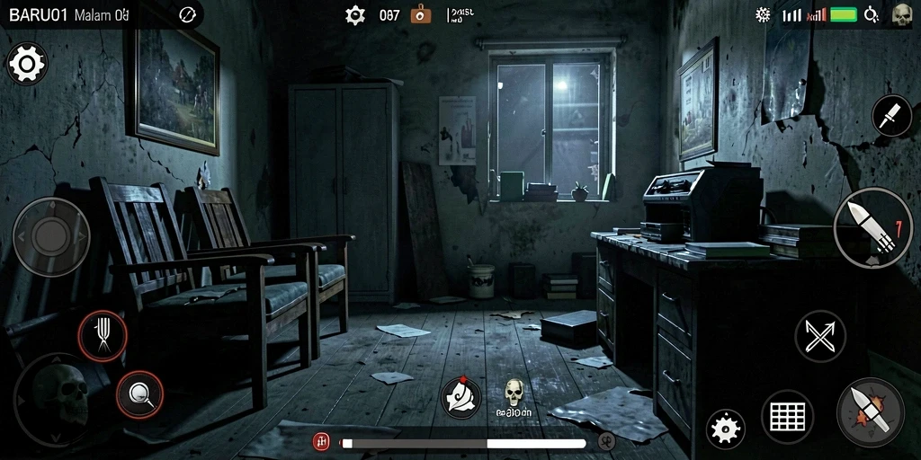 Tampilan gameplay menegangkan di BARU01 dengan suasana mencekam.