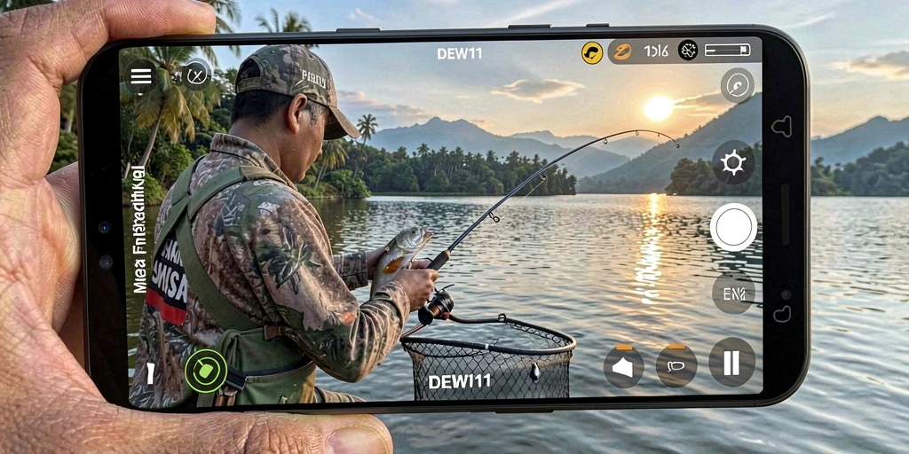 Screenshot gameplay DEWI11 yang menunjukkan aksi memancing yang seru.