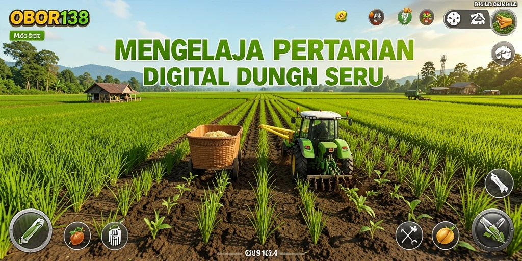 Tampilan layar permainan OBOR138 yang menunjukkan lahan pertanian yang subur.