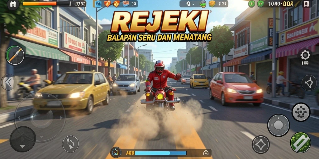 Gameplay balapan seru di REJEKI dengan mobil beraksi di trek.