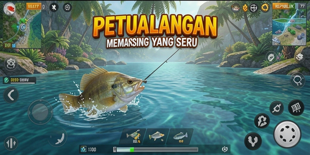 Screenshot gameplay <strong>REPUBLIK77</strong> menampilkan aksi memancing yang mendebarkan.