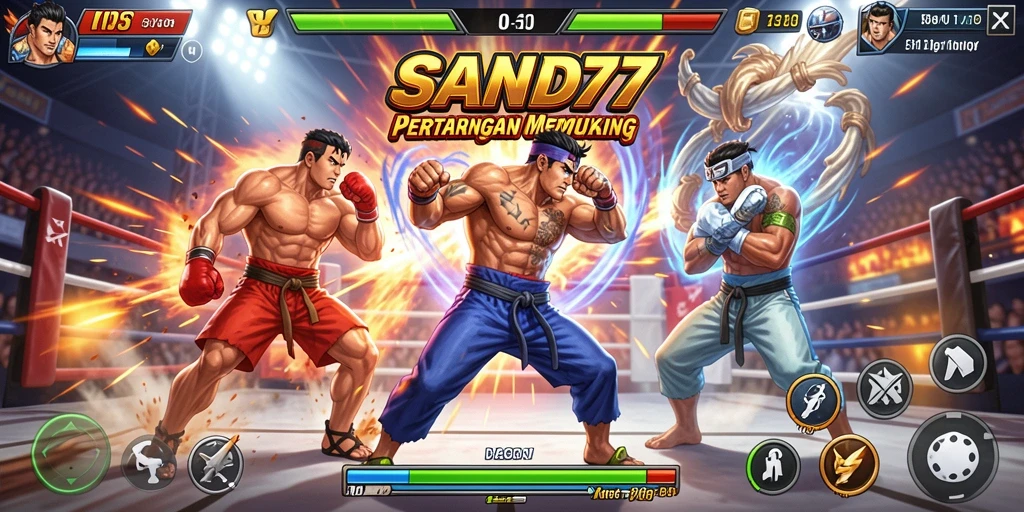 Screenshot gameplay SAND77 yang menunjukkan pertarungan yang intens.