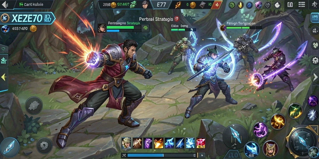 Tangkapan layar gameplay XE77 menampilkan pertarungan MOBA yang mendebarkan.